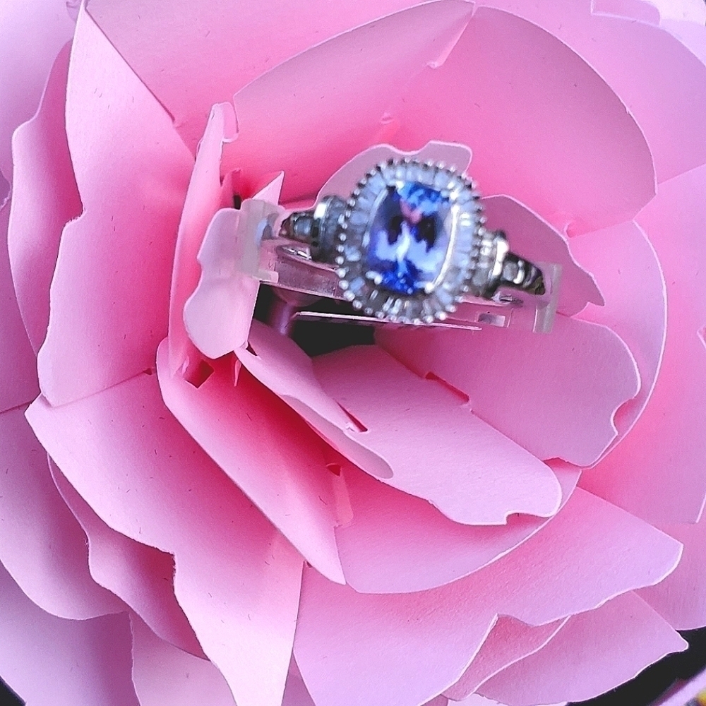 Tanzanite Diamond Halo Ring Platinum Over Sterling Silver - Picture 2 of 9